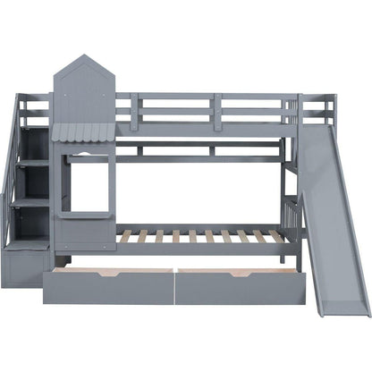 Twin-Over-Twin Castle Style Bunk Bed with 2 Drawers 3 Shelves and Slide - Gray