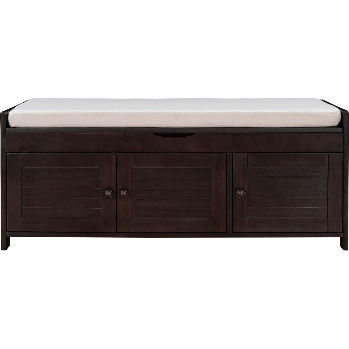 Storage Bench with 3 Shutter-shaped Doors, Shoe Bench with Removable Cushion and Hidden Storage Space (Espresso
