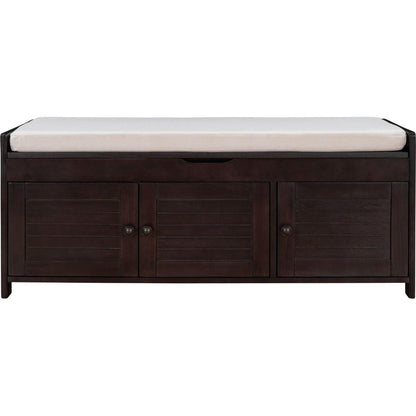 Storage Bench with 3 Shutter-shaped Doors, Shoe Bench with Removable Cushion and Hidden Storage Space (Espresso