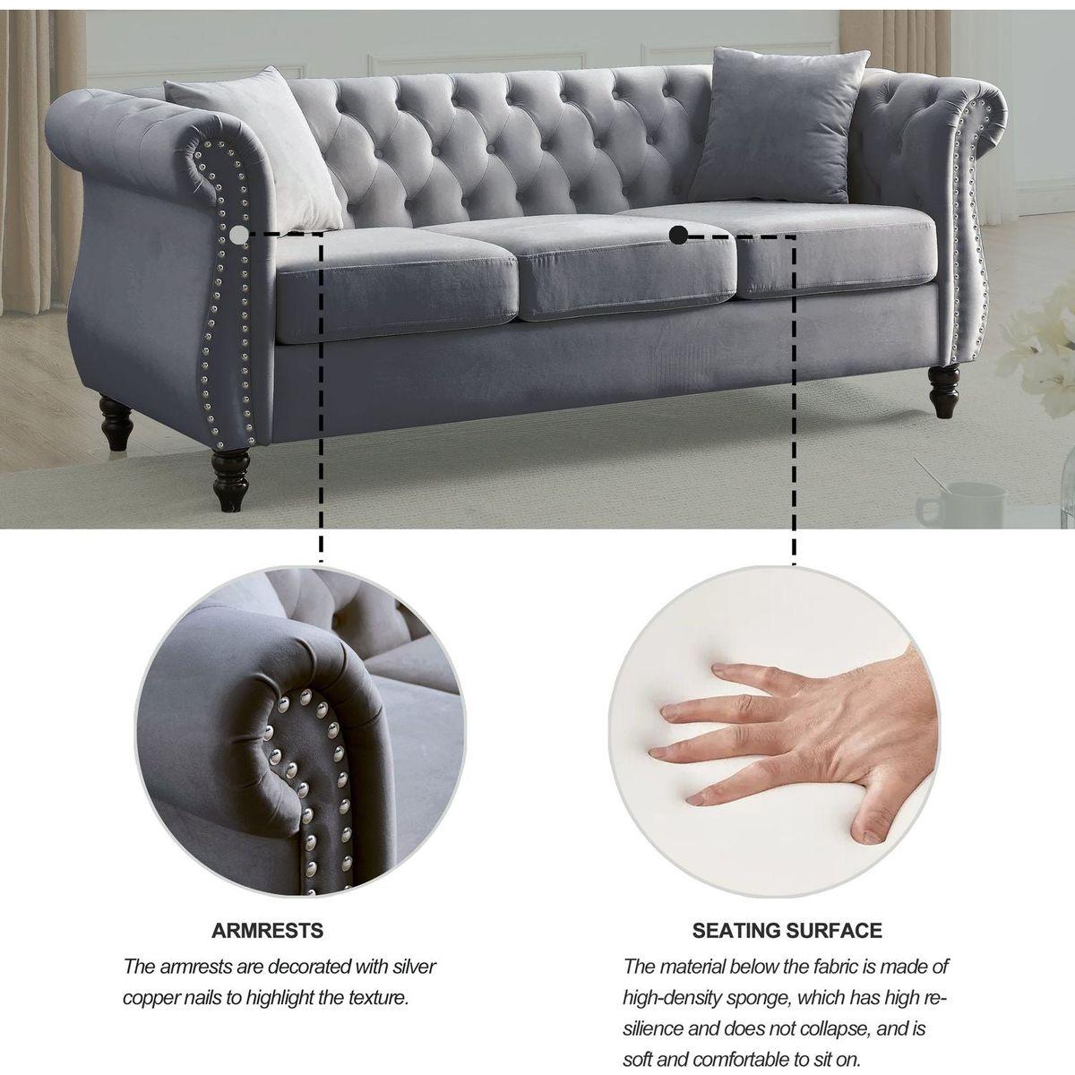 80" Chesterfield Sofa Grey Velvet for Living Room, 3 Seater Sofa Tufted Couch with Rolled Arms and Nailhead for Living Room, Bedroom, Office, Apartment, two pillows