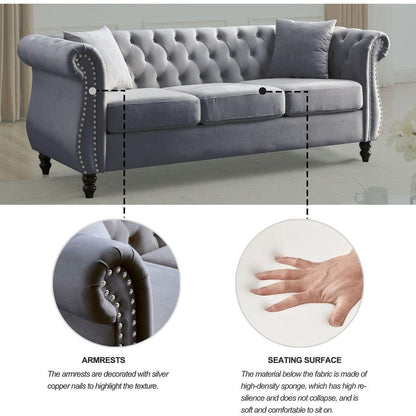 80" Chesterfield Sofa Grey Velvet for Living Room, 3 Seater Sofa Tufted Couch with Rolled Arms and Nailhead for Living Room, Bedroom, Office, Apartment, two pillows