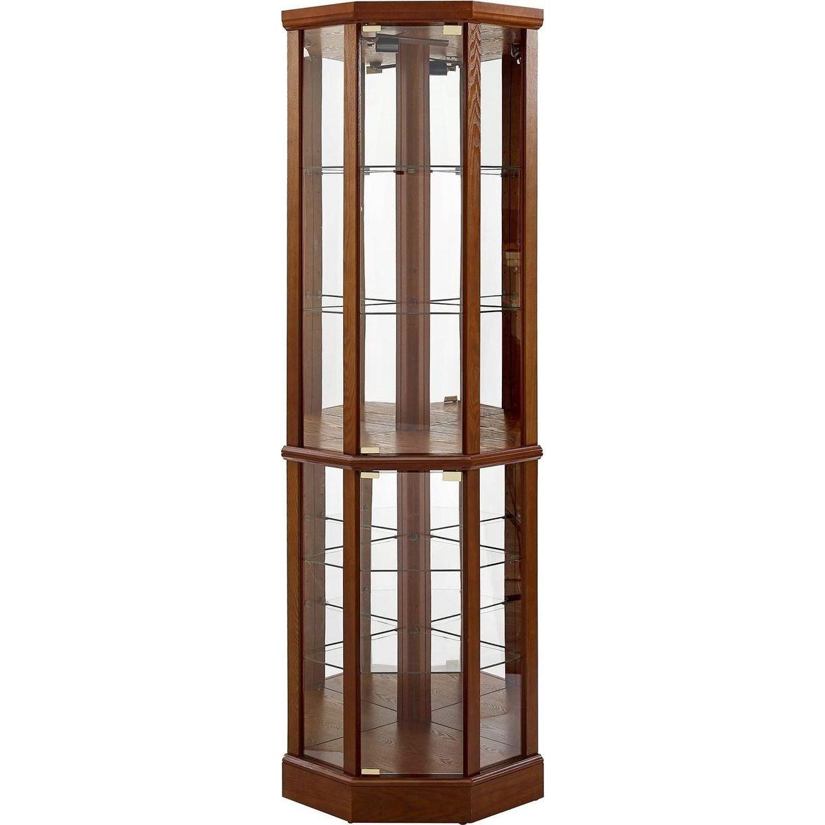 6 Shelf Lighted Corner Curio Cabinet with Adjustable Tempered Glass Shelves and Mirror Back, Walnut