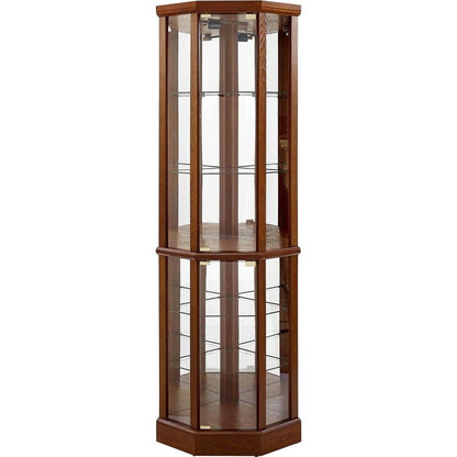 6 Shelf Lighted Corner Curio Cabinet with Adjustable Tempered Glass Shelves and Mirror Back, Walnut