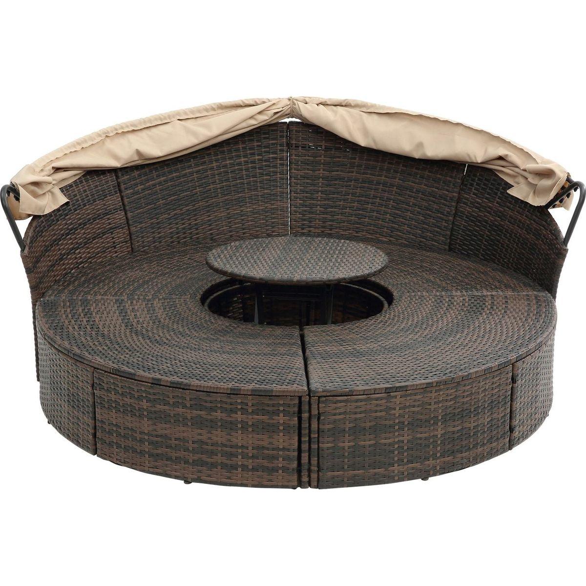 Hot Sale KD Rattan Round Lounge With Canopy Bali Canopy Bed Outdoor, Wicker Outdoor Sofa Bed with lift coffee table