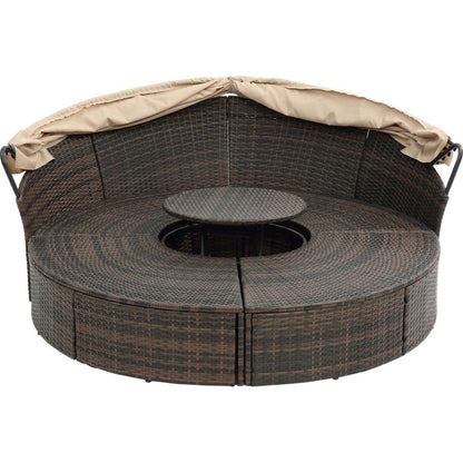 Hot Sale KD Rattan Round Lounge With Canopy Bali Canopy Bed Outdoor, Wicker Outdoor Sofa Bed with lift coffee table