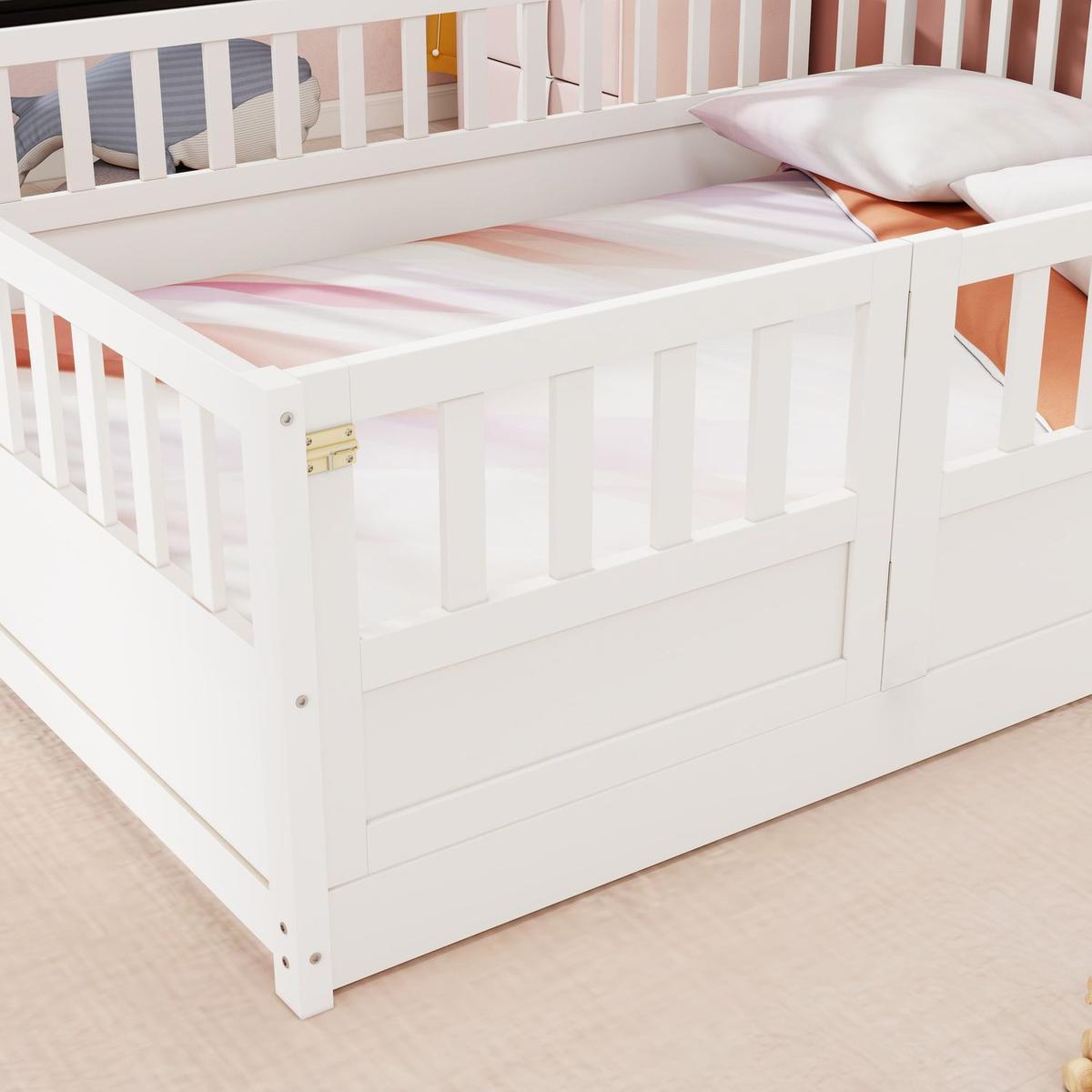 Full size Floor bed, integral construction with super high security barrier, door, children's floor bed frame, Montessori wooden children's floor bed, white - Streamdale Furniture