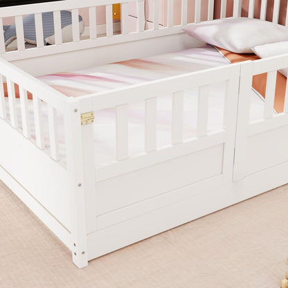 Full size Floor bed, integral construction with super high security barrier, door, children's floor bed frame, Montessori wooden children's floor bed, white - Streamdale Furniture