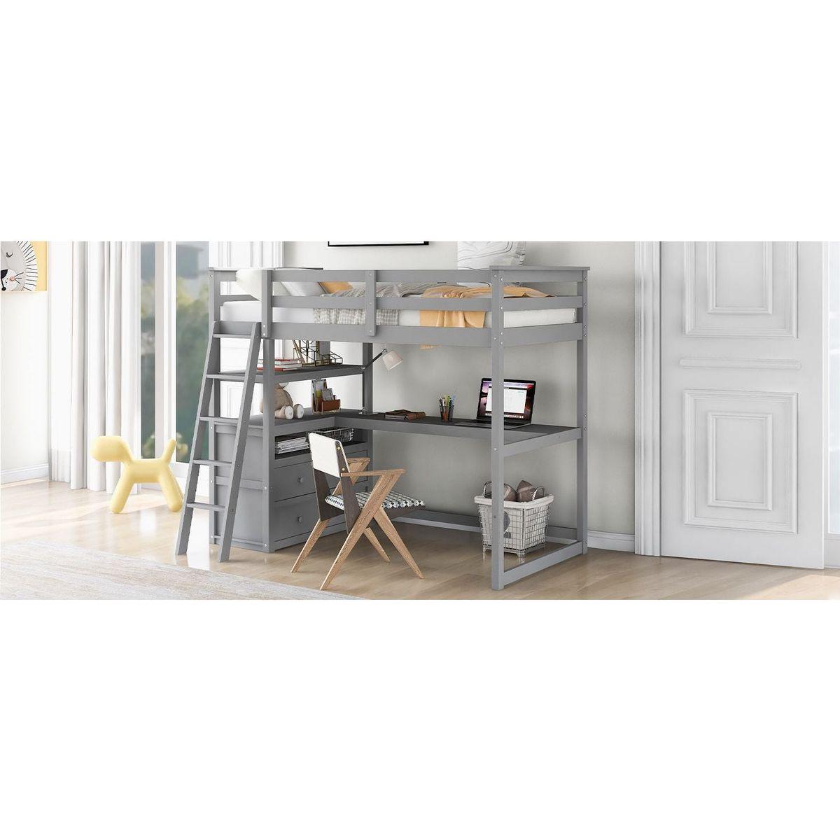 Twin Size Loft Bed with Desk and Shelves, Two Built-in Drawers, Gray