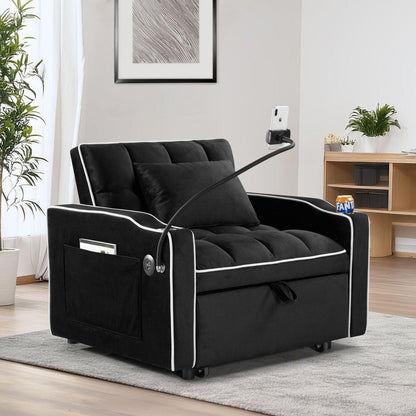 Convertible Sleeper Chair Sofa Bed Adjustable Pull Out Sleeper Chair Bed Multi-Pockets Folding Sofa Bed for Living Room Bedroom Small Space,3-in-1 Sofa Bed, (Black)