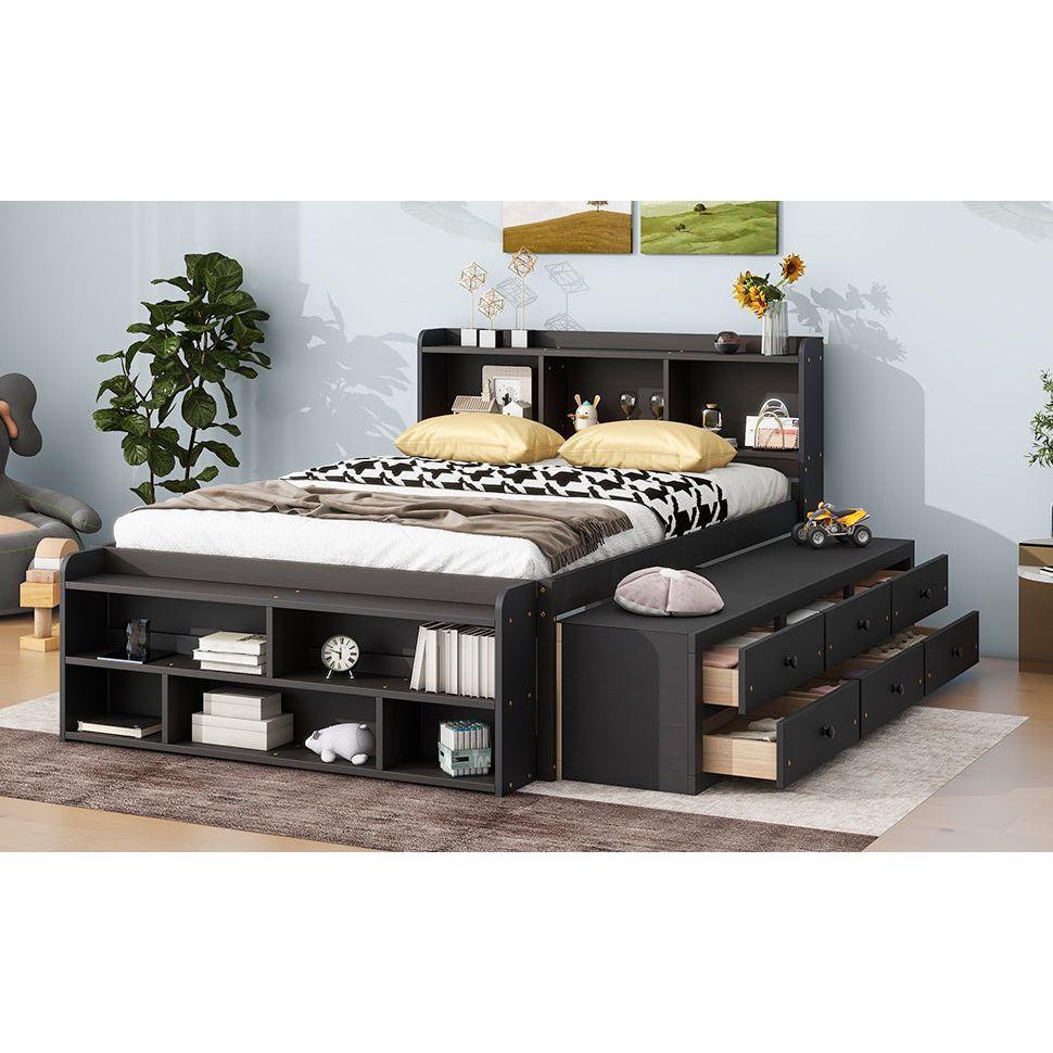 Full Bed with Bookcase Headboard, Under bed Storage Drawers and Bed End Storage Case,Espresso