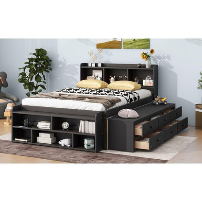 Full Bed with Bookcase Headboard, Under bed Storage Drawers and Bed End Storage Case,Espresso