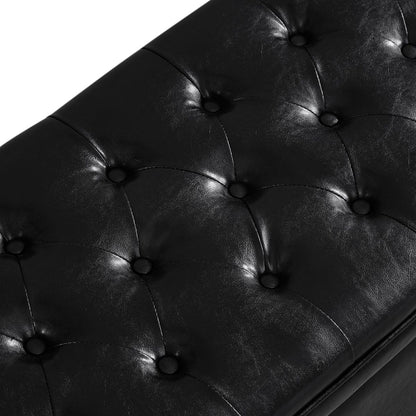 Upholstered tufted button storage bench, Faux leather entry bench with spindle wooden legs, Bed bench- Black