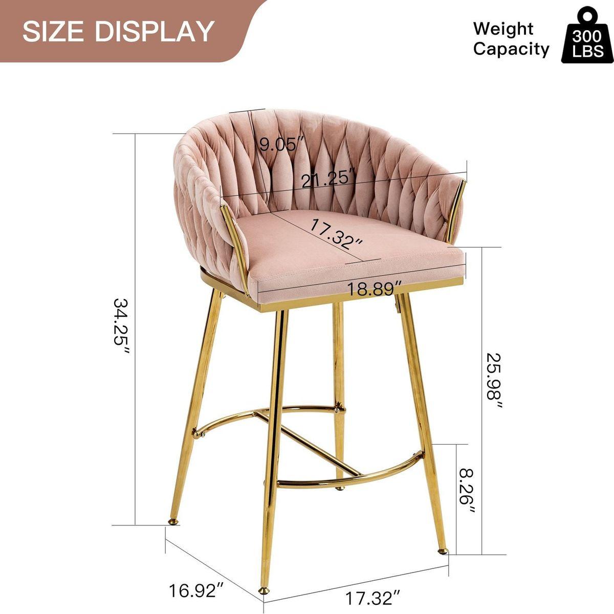 26" Counter height bar stools Set of 2 kitchen island counter bar stool with hand- wave back,golden chromed base and footrest(PINK)