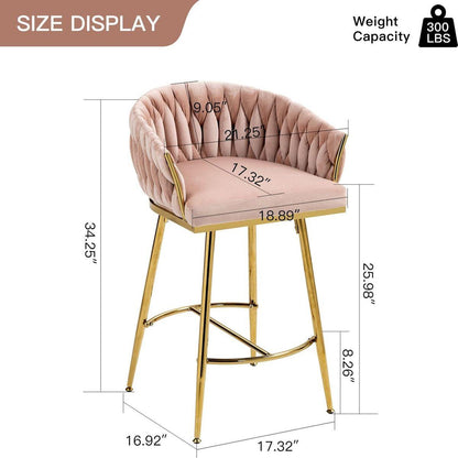 26" Counter height bar stools Set of 2 kitchen island counter bar stool with hand- wave back,golden chromed base and footrest(PINK)