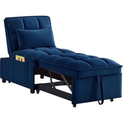 4 in1 Multi-Function Single Sofa Bed with Storage Pockets,Tufted Single Pull-out Sofa Bed with Adjustable Backrest and Pillows, Convertible Chaise Lounge, Navy