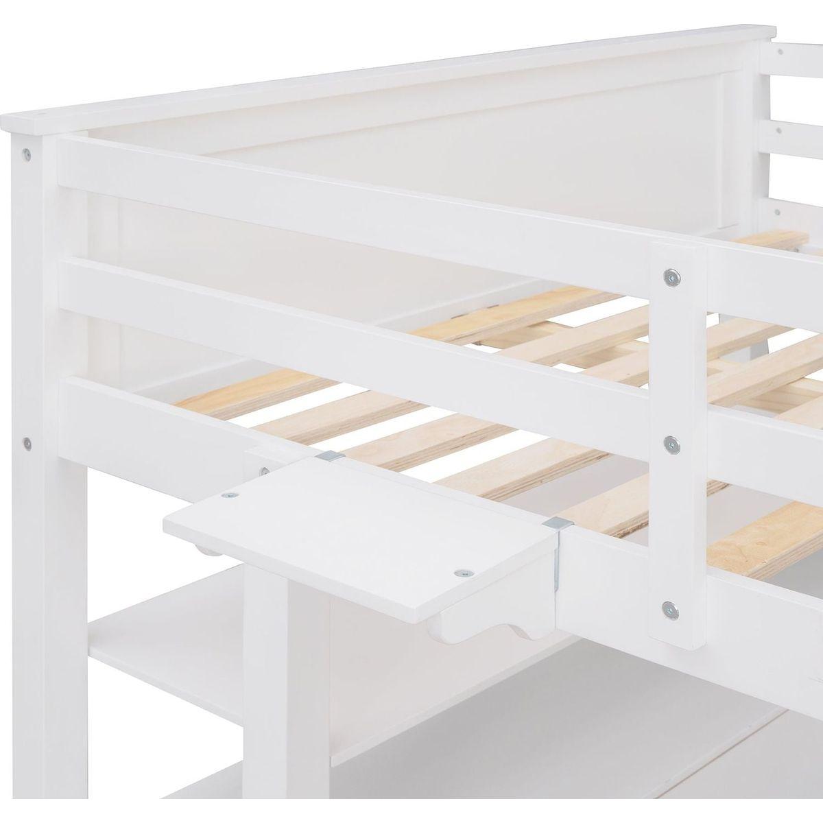Full size Loft Bed with Drawers and Desk, Wooden Loft Bed with Shelves - White
