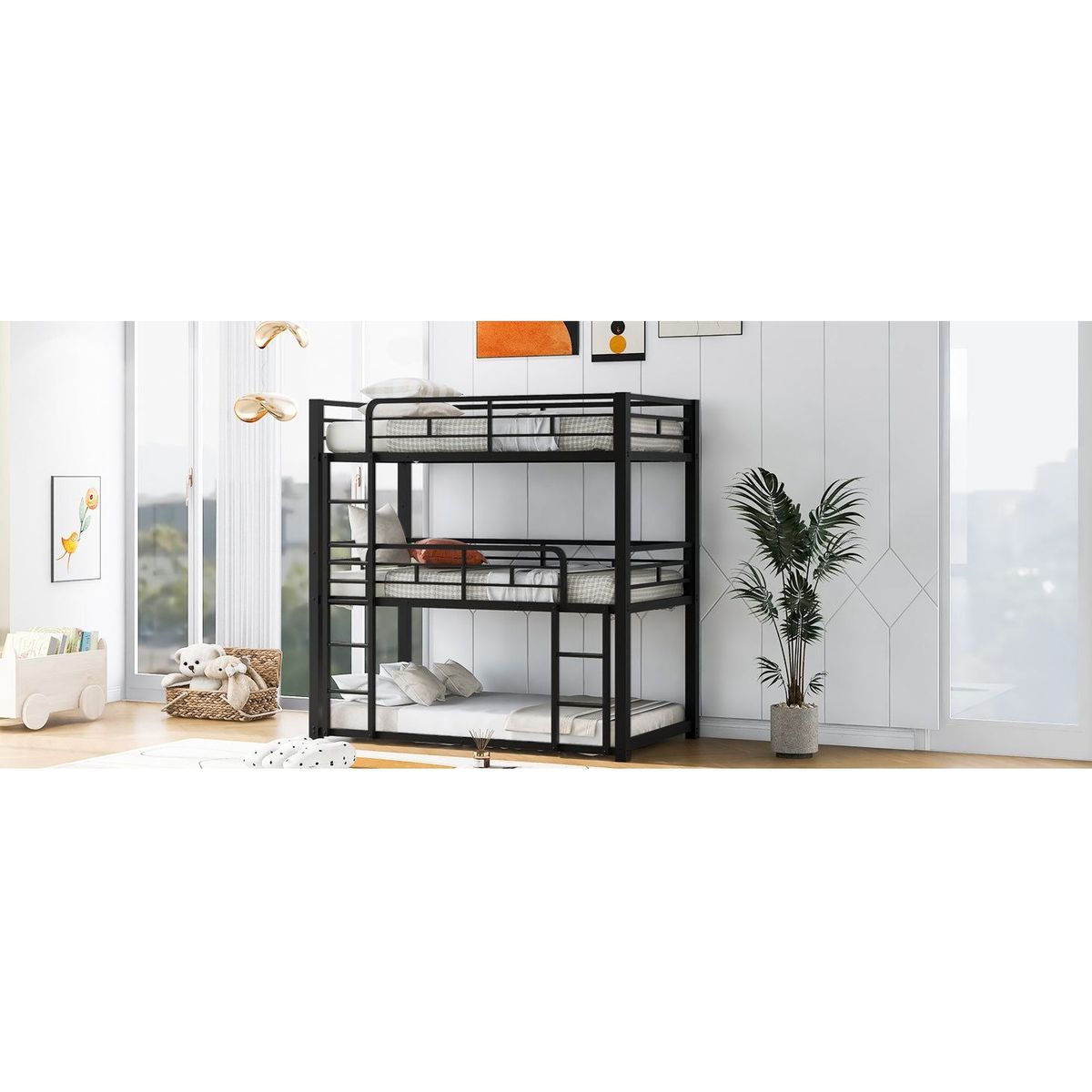 Metal Twin Size Triple Bunk Bed, Black - Streamdale Furniture