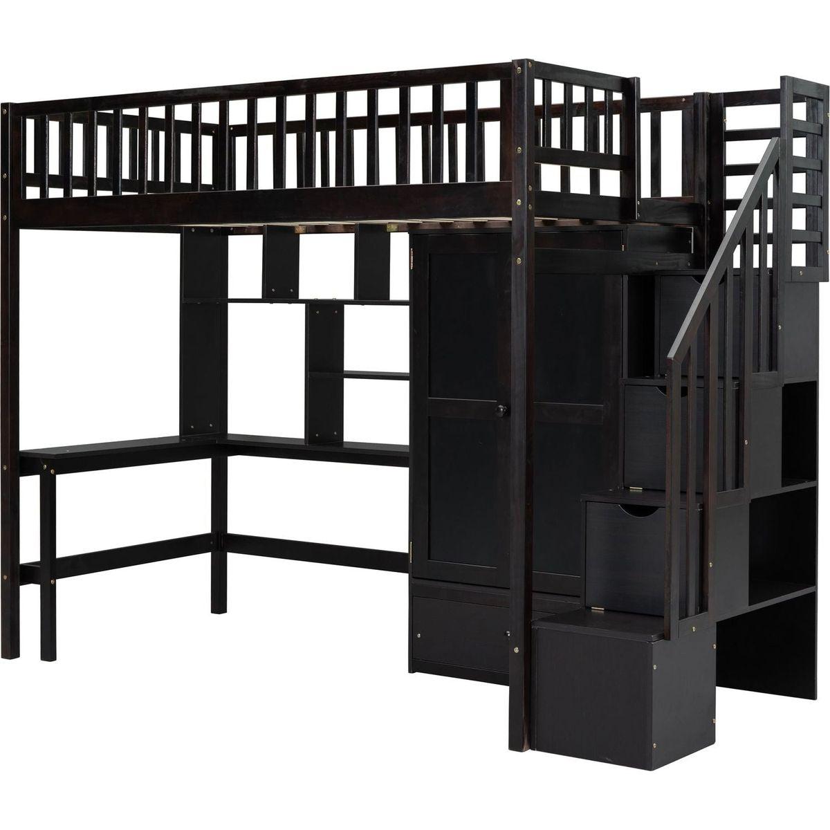Twin size Loft Bed with Bookshelf,Drawers,Desk,and Wardrobe-Espresso