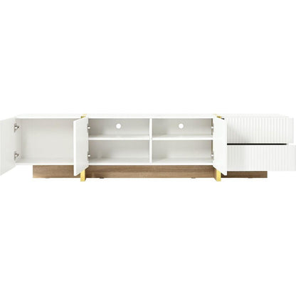 Luxury Fluted TV Stand for TVs Up to 80", Modern Entertainment Center with Storage Cabinets & Drawers, Smooth Media Console with Golden Wood Grain Legs for Living Room, White