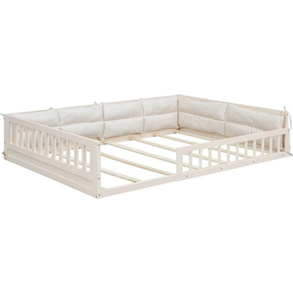 Wood Full Size Upholstered Platform Bed with Guardrail and Pillow, Beige