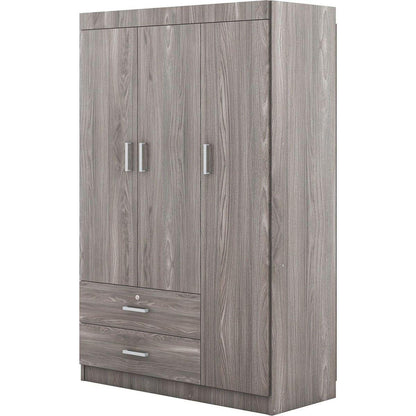 3-Door Wardrobe with 2 Drawers, Wood Grain Effect in Gray