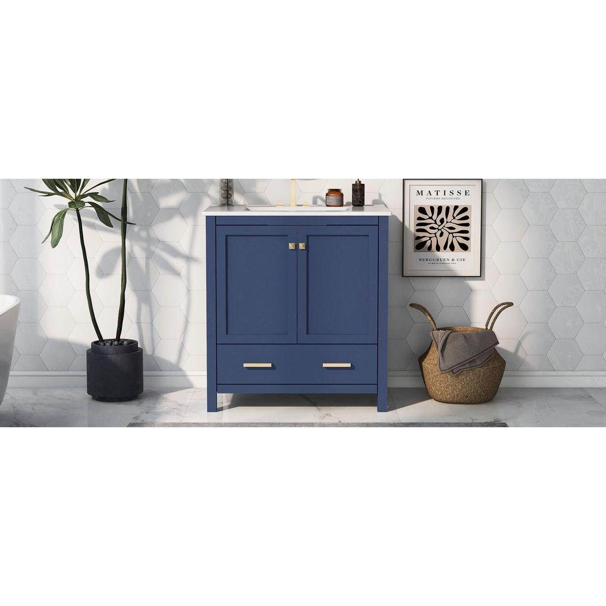 30" Blue Bathroom Vanity with Single Sink, Combo Cabinet Undermount Sink, Bathroom Storage Cabinet with 2 Doors and a Drawer, Soft Closing, Multifunctional Storage, Solid Wood Frame