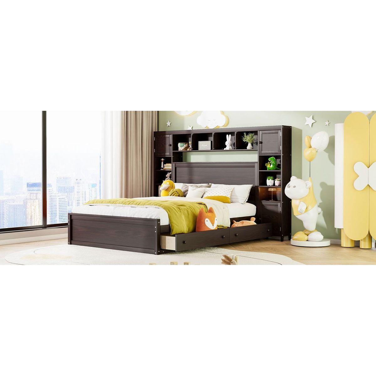 Queen Size Wooden Bed With All-in-One Cabinet, Shelf and Sockets, Espresso