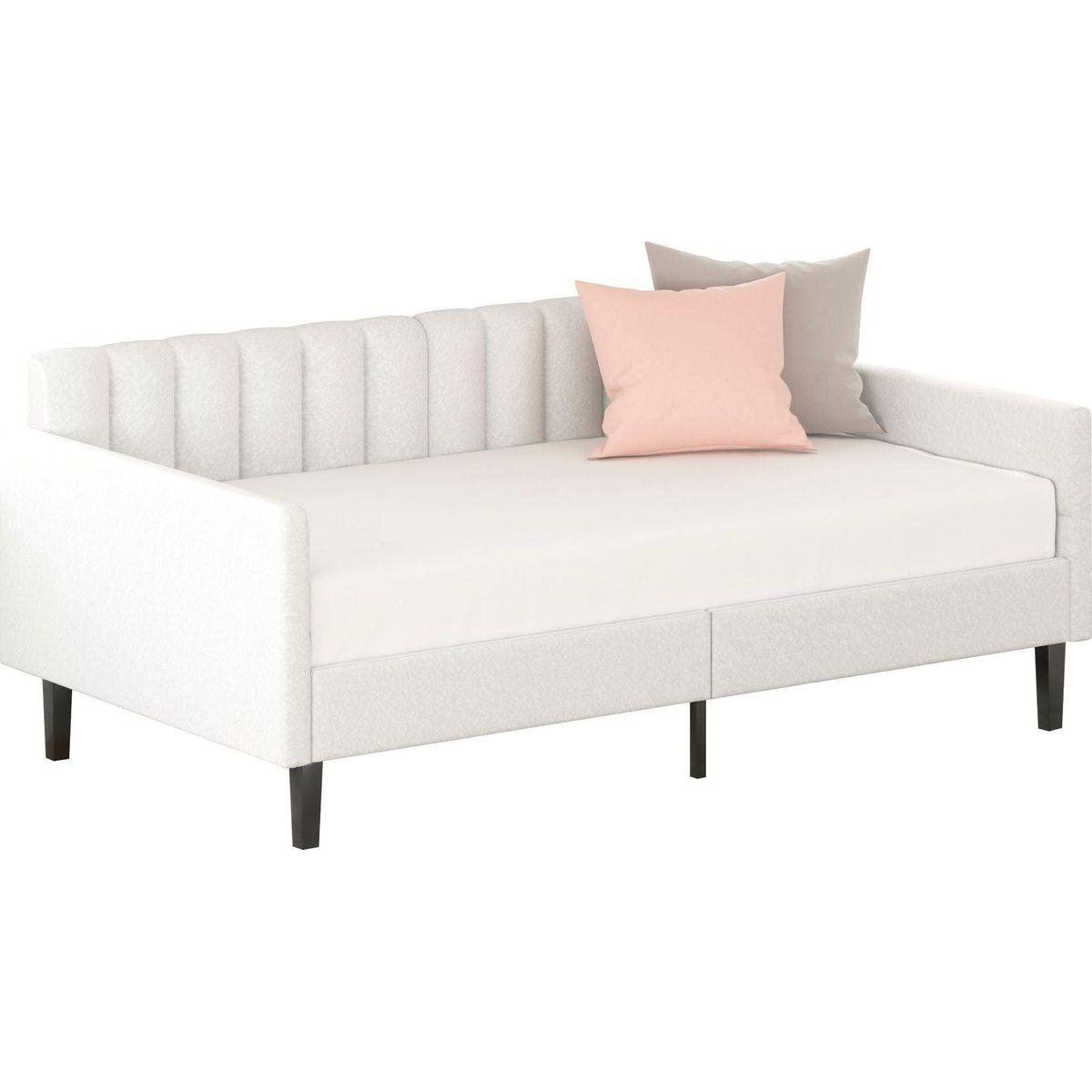 Elena Twin Size Ivory Boucle Upholstered Daybed, Ribbed Tufted Backrest, Daybed in Lavish Modern Design, Richly Hued Foam Comfort