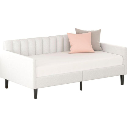 Elena Twin Size Ivory Boucle Upholstered Daybed, Ribbed Tufted Backrest, Daybed in Lavish Modern Design, Richly Hued Foam Comfort