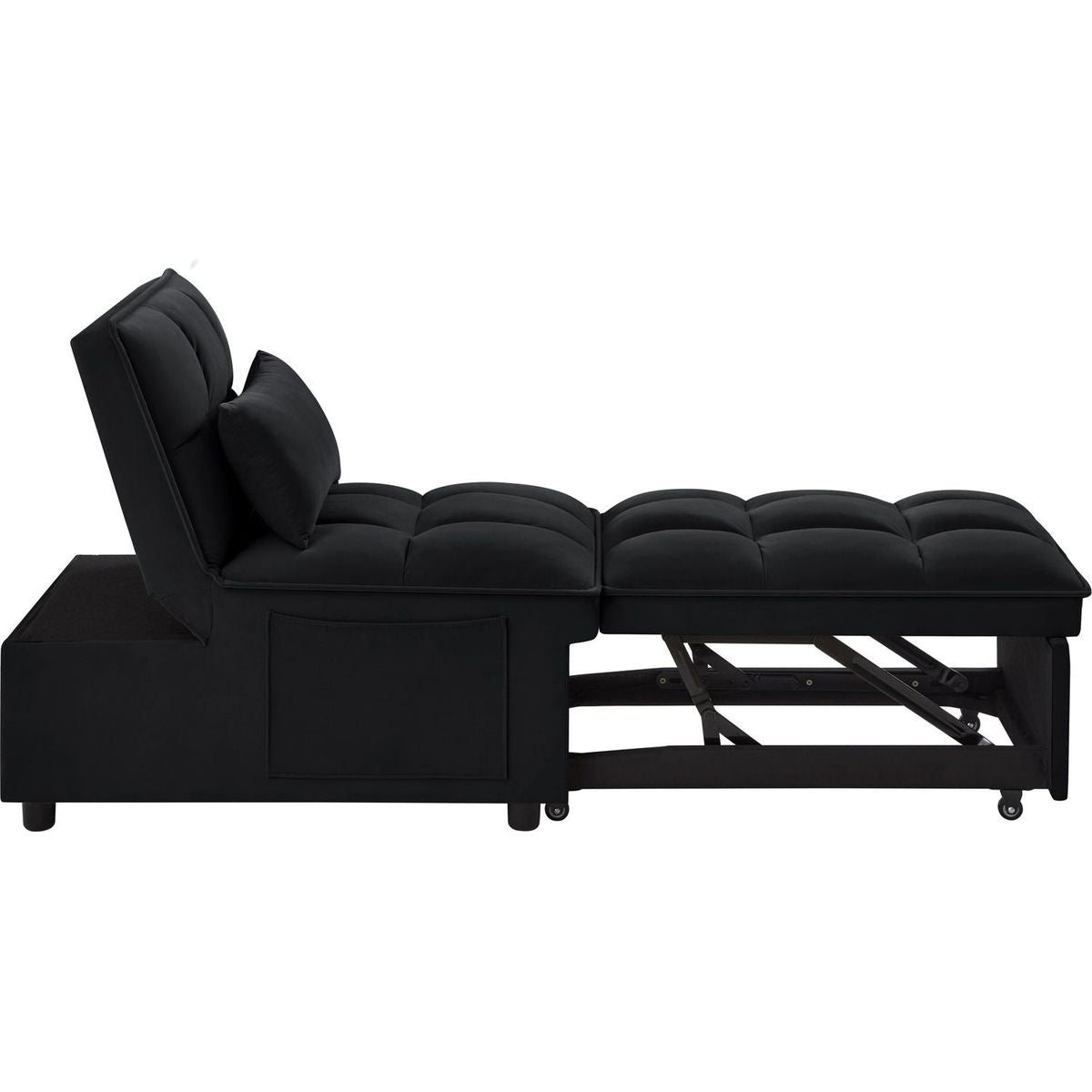 4 in1 Multi-Function Single Sofa Bed with Storage Pockets,Tufted Single Pull-out Sofa Bed with Adjustable Backrest and Pillows, Convertible Chaise Lounge,Black
