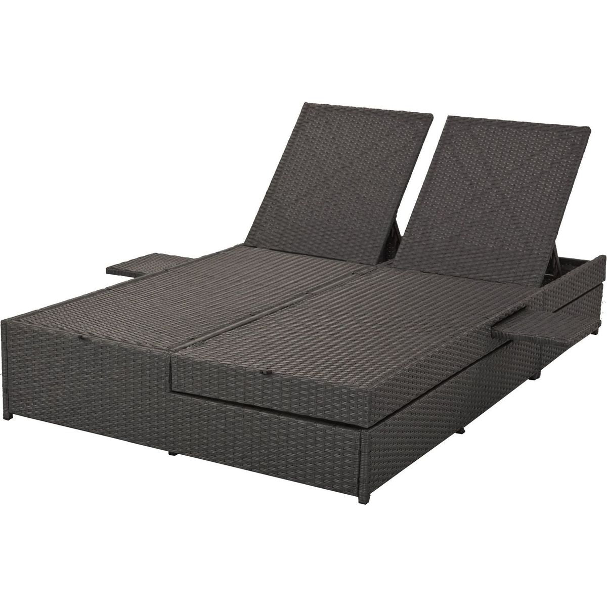 Outdoor Double Sunbed, Wicker Rattan Patio Reclining Chairs with Adjustable Backrest and Seat, Conversational Set for 2 Person, Gray