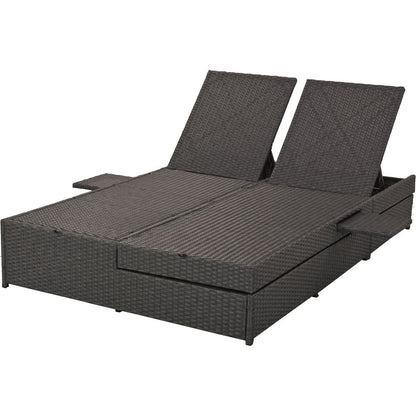 Outdoor Double Sunbed, Wicker Rattan Patio Reclining Chairs with Adjustable Backrest and Seat, Conversational Set for 2 Person, Gray