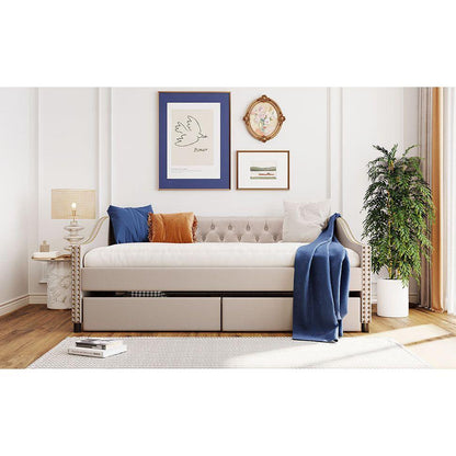 Upholstered daybed with Two Drawers, Wood Slat Support, Beige, Full Size
