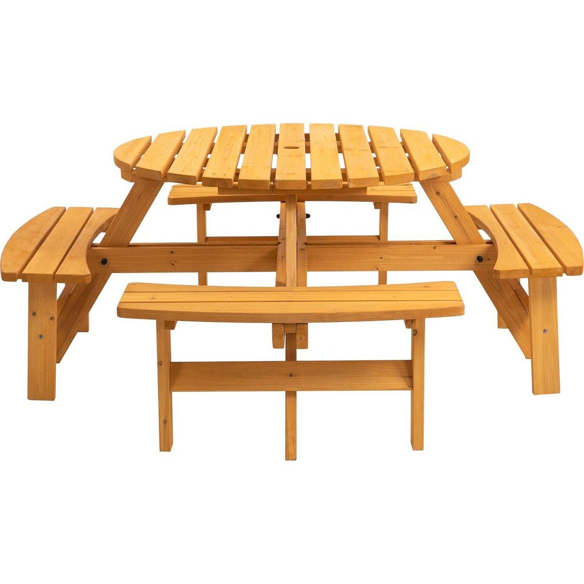 8 Person Wooden Picnic Table, Outdoor Camping Dining Table with Seat, Garden, DIY w/ 4 Built-in Benches, 2220lb Capacity - Natural