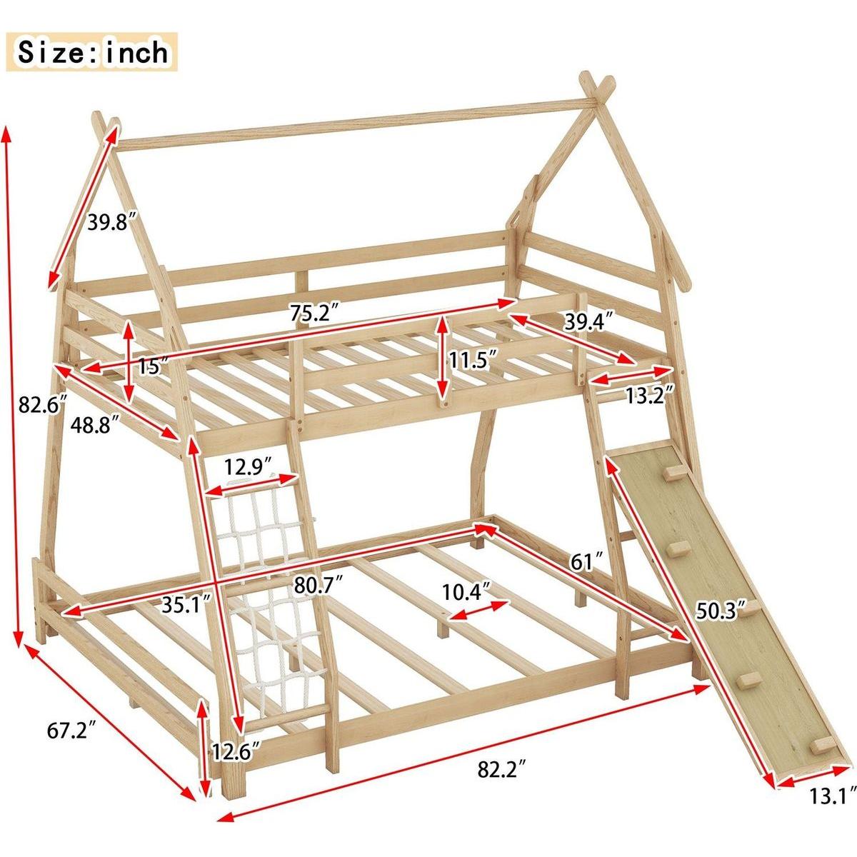 Twin over Queen House Bunk Bed with Climbing Nets and Climbing Ramp, Natural