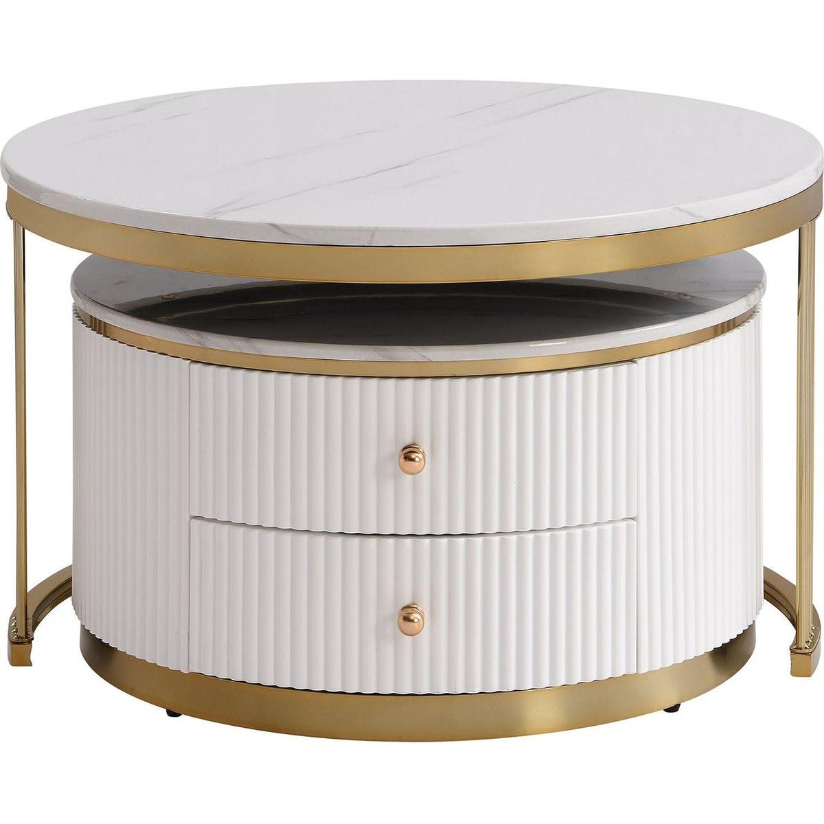 Modern 2 Pieces White Round Nesting Coffee Table with Drawers in 27.6"