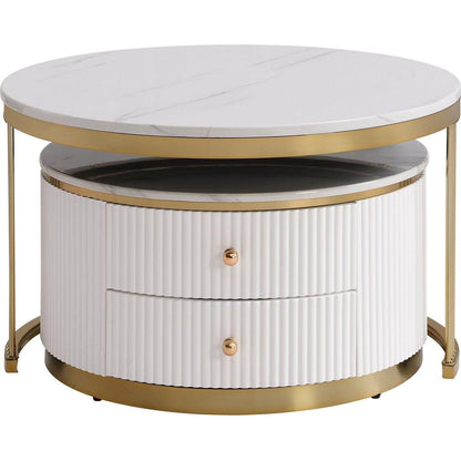 Modern 2 Pieces White Round Nesting Coffee Table with Drawers in 27.6"