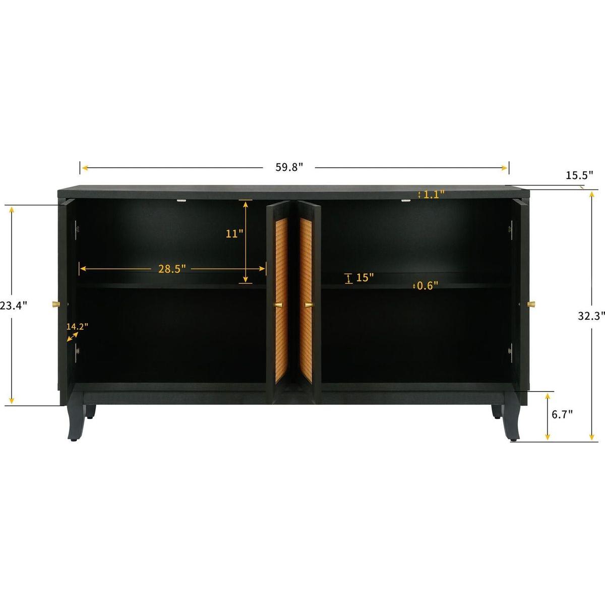 Handcrafted Premium Grain Panels,Rattan Sideboard Buffer Cabinet With 4 Rattan Doors, Modern Storage Cupboard Console Table with Adjustable Shelves for Living Room(Antique Dark Gray)