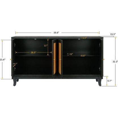 Handcrafted Premium Grain Panels,Rattan Sideboard Buffer Cabinet With 4 Rattan Doors, Modern Storage Cupboard Console Table with Adjustable Shelves for Living Room(Antique Dark Gray)