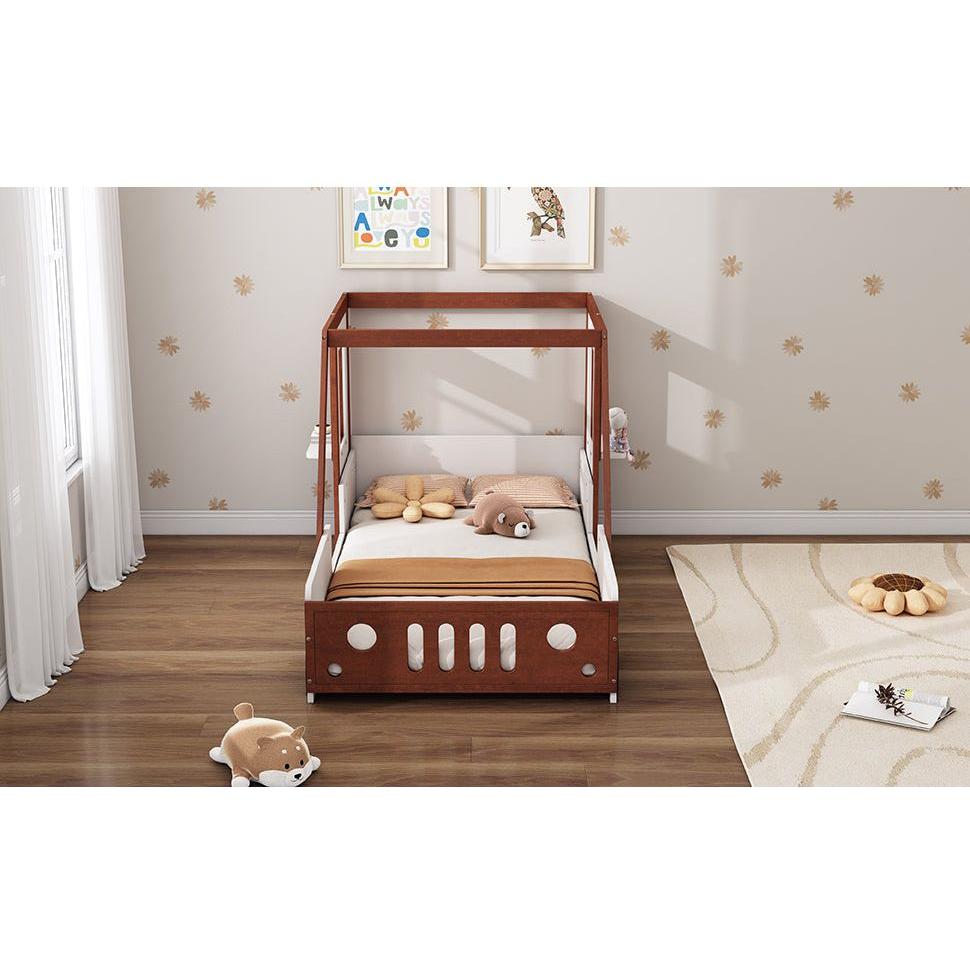 Fun Play Design Twin Size Car Bed, Kids Platform Bed in Car-Shaped for Kids Boys Girls Teens,White+ Orange