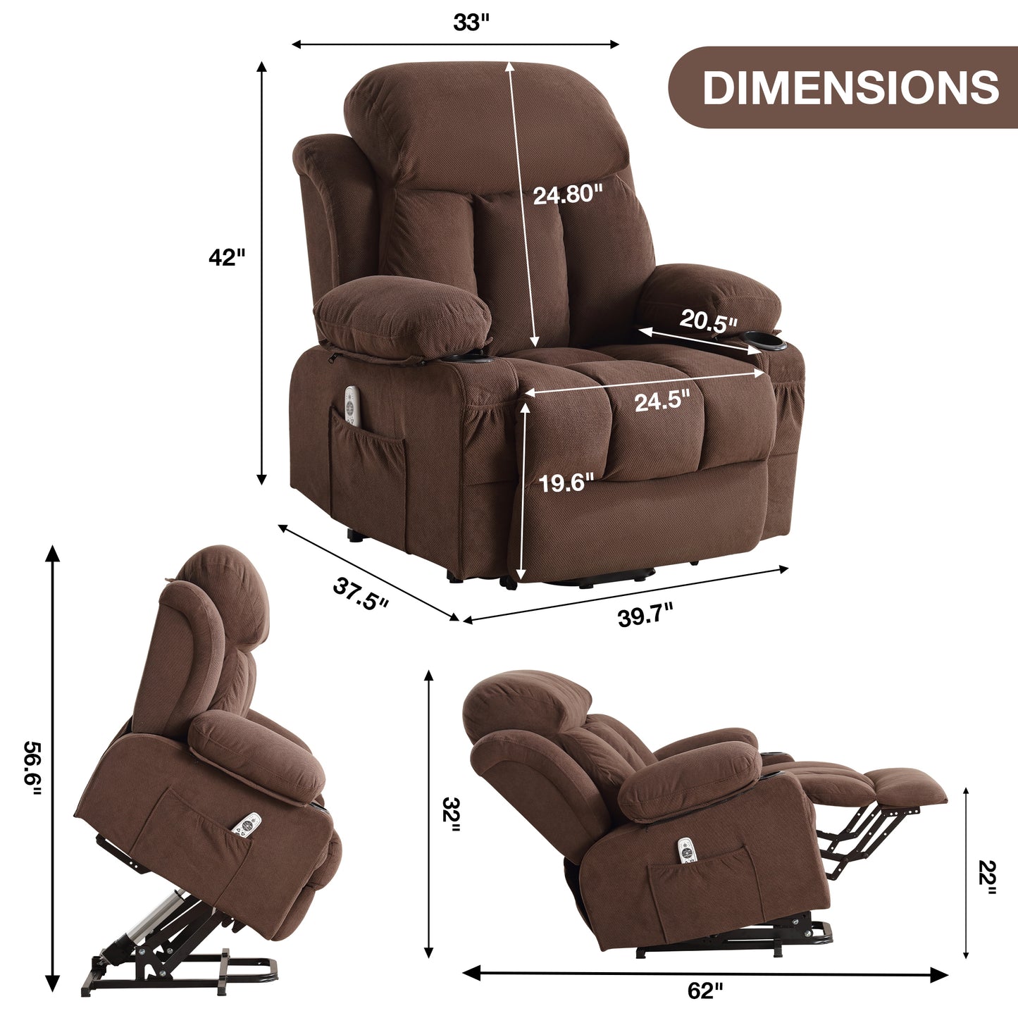 Power Lift Recliner Chair with Heat and Massage Electric Fabric Recliner Chair for Elderly with Side Pocket, USB Charge Port, Remote Control for Living Room (BROWN)A+B