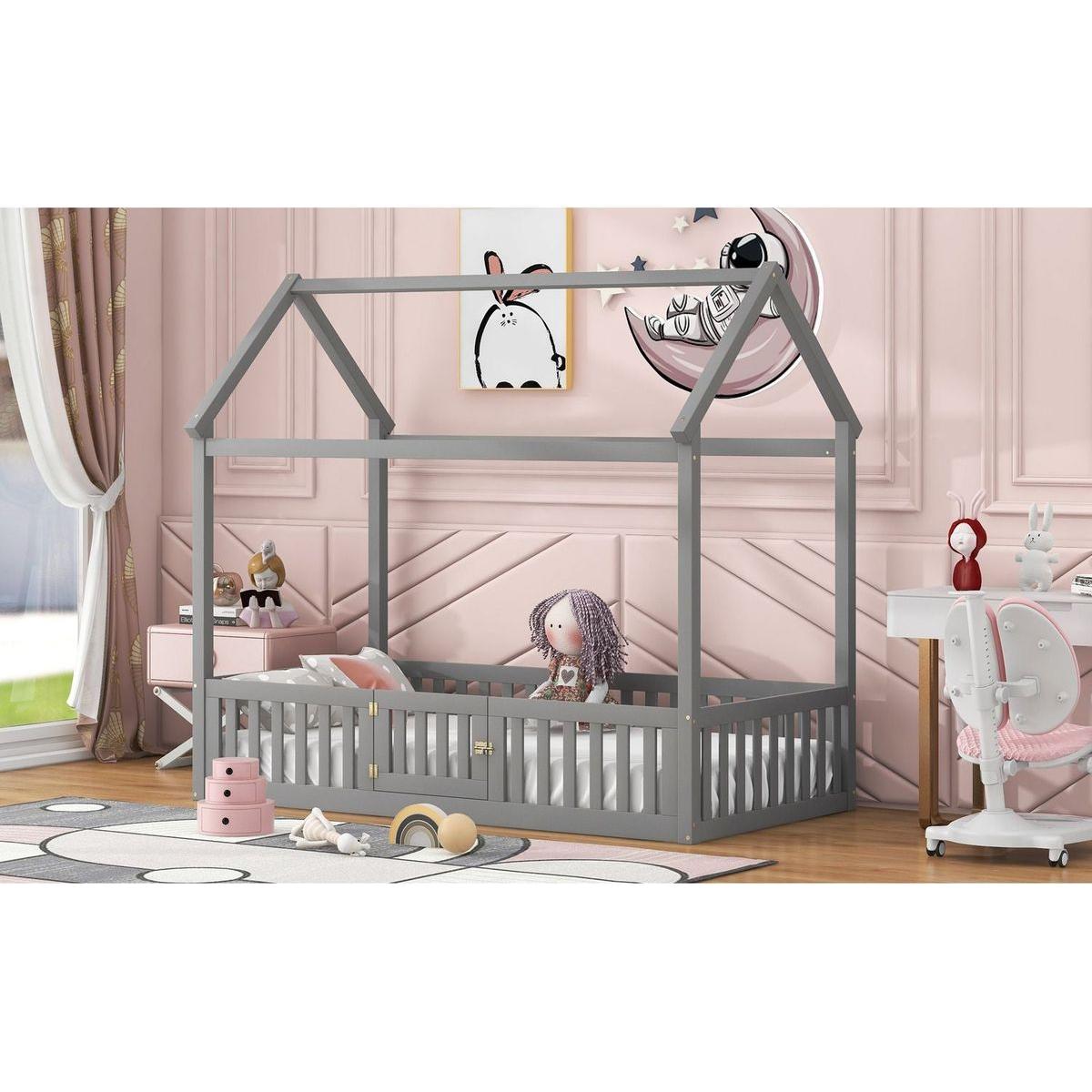 Twin Size Wood House Bed with Fence and Door, Gray