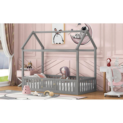 Twin Size Wood House Bed with Fence and Door, Gray