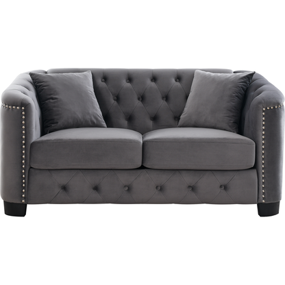 59-Inch Modern Chesterfield Velvet Sofa, 2-Seater Sofa, Upholstered Tufted Backrests with Nailhead Arms and 2 Cushions for Living Room, Bedroom, Apartment, Office (Grey)