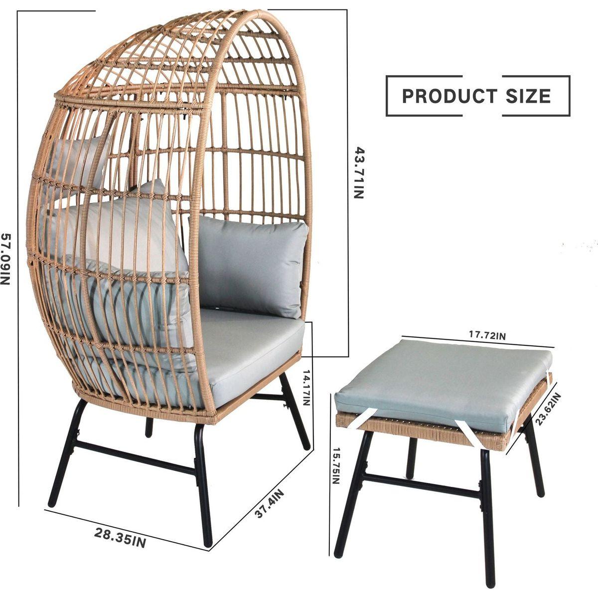 Outdoor Garden Wicker Egg Chair And Footstool Patio Chaise, With Cushions, Outdoor Indoor Basket Chair