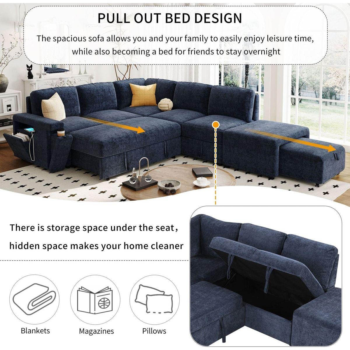 L-shaped Padded Modular Sofa with Storage Space, USB Ports, and Cup Holders on the Armrests, Suitable for Living Rooms, Offices, and Apartments.