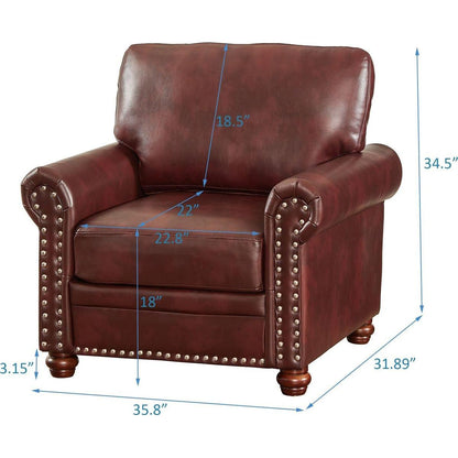 Living Room Sofa Single Seat Chair with Wood Leg Burgundy Faux Leather