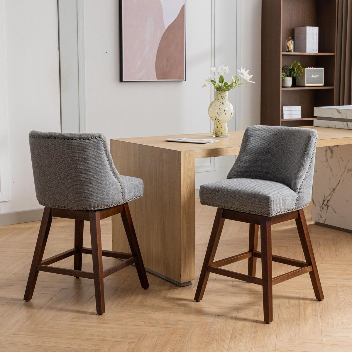 Counter Height Swivel Barstools, 26" H Seat Height Upholstered Bar Stools Set of 2, Fabric in Gray - Streamdale Furniture