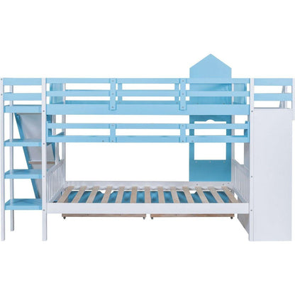 Full-Over-Full Castle Style Bunk Bed with 2 Drawers 3 Shelves and Slide - Blue