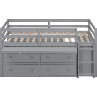 Twin Size Loft Bed with Retractable Writing Desk and 4 Drawers, Wooden Loft Bed with Lateral Portable Desk and Shelves, Gray